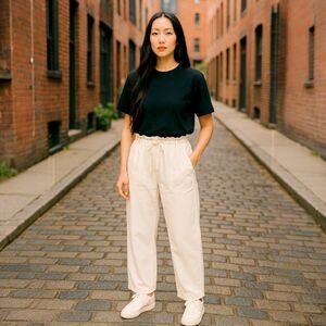 White Linen Pants for Summer L Paper Bag Stretch Tie Waist Pockets by Love Tree